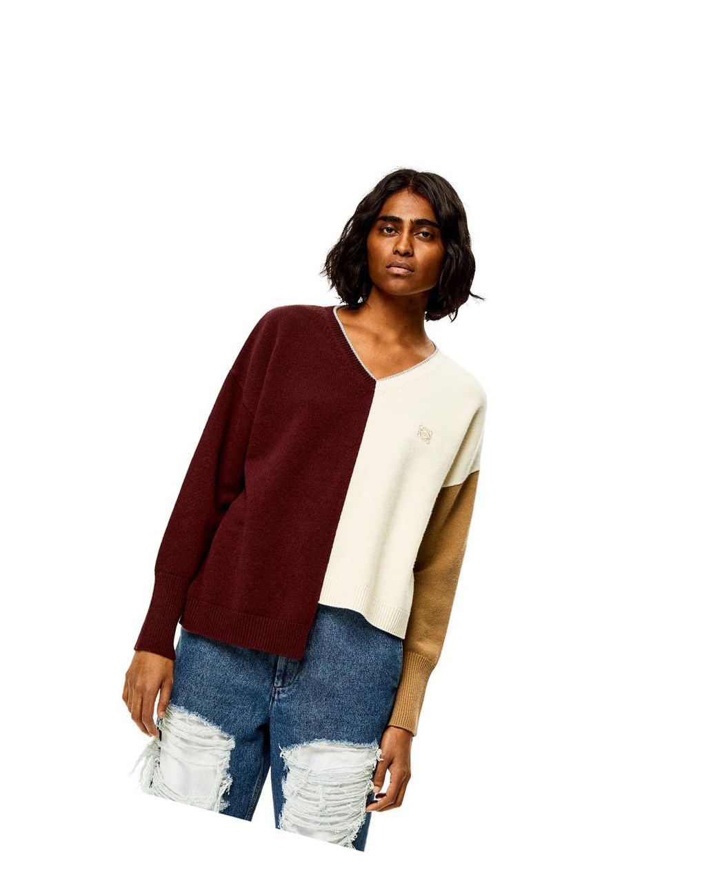 Loewe Anagram Asymmetric sweater in wool Bordeaux Blanche | 9861OAJNI