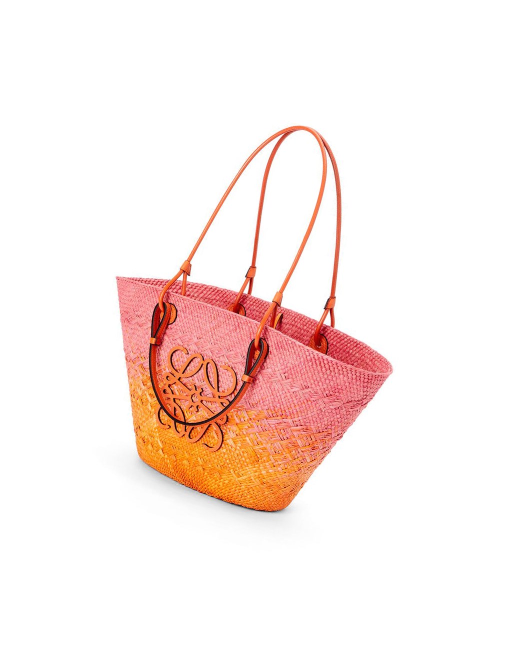 Loewe Anagram Basket bag in iraca palm and calfskin Rose Orange | 3528ZLWFT