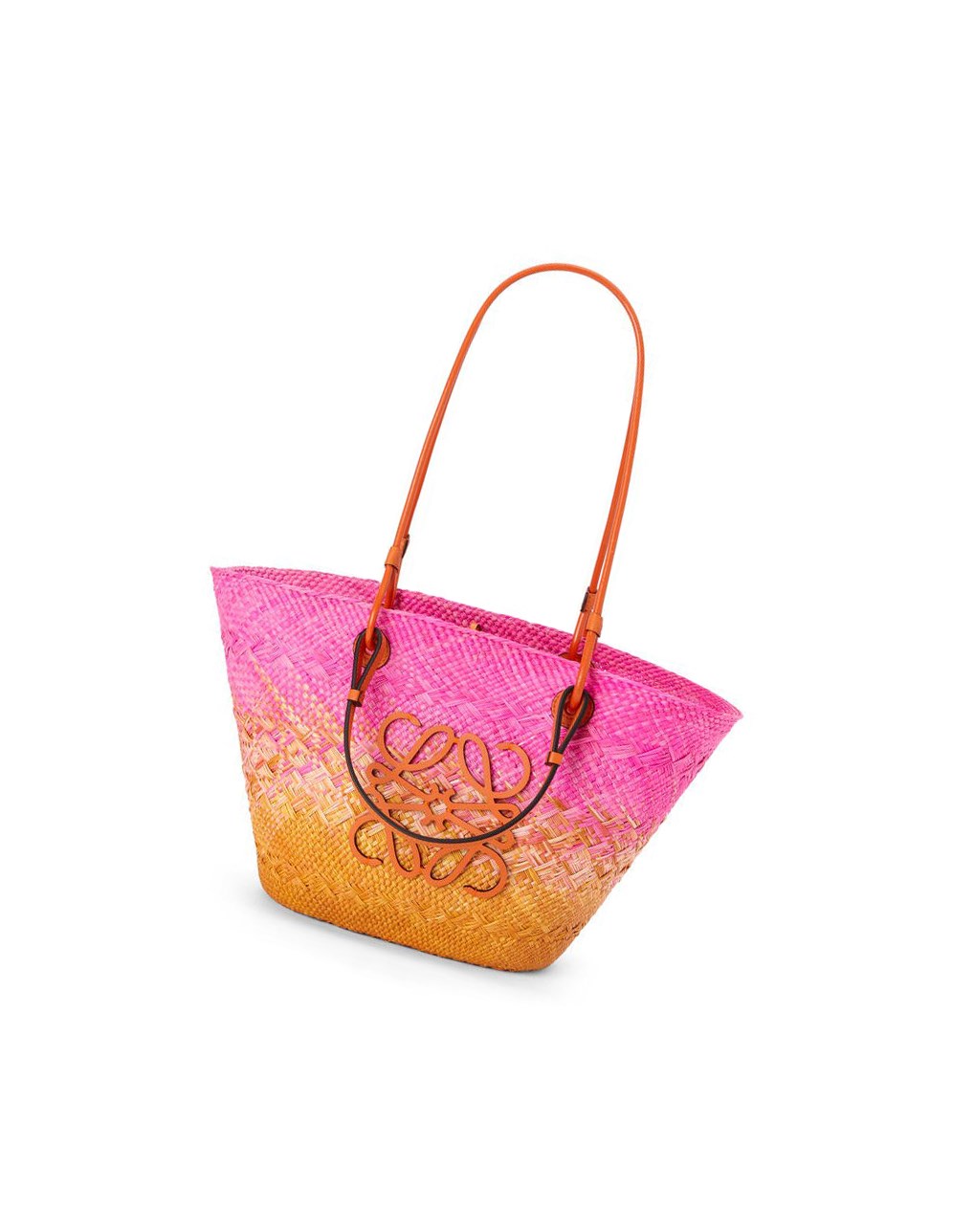 Loewe Anagram Basket bag in iraca palm and calfskin Fushia Orange | 6491BWNAG