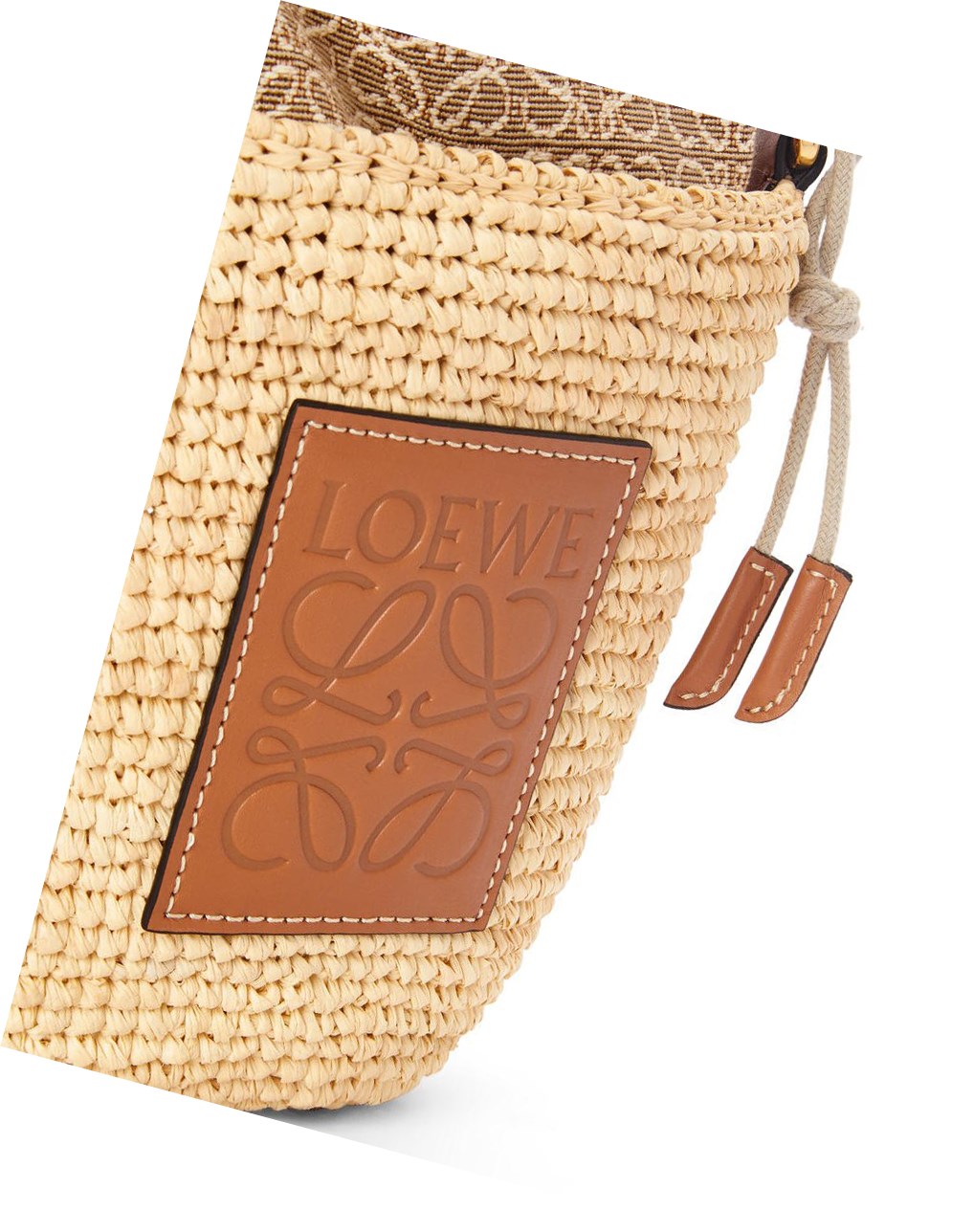 Loewe Anagram Pochette Basket bag in raffia, jacquard and calfskin Natural / Tan | 0589FUKPD