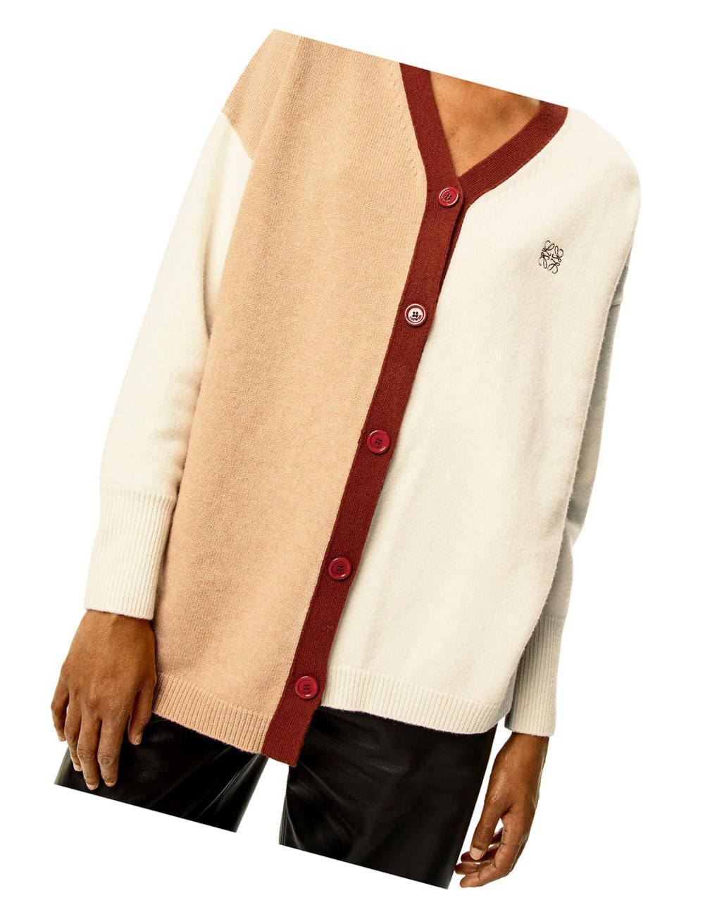 Loewe Anagram asymmetric cardigan in wool Ecru / Camel | 8269ZLCIA