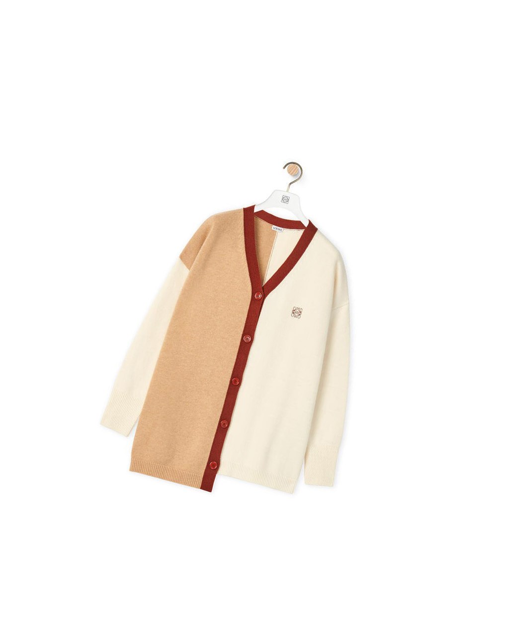 Loewe Anagram asymmetric cardigan in wool Ecru / Camel | 8269ZLCIA