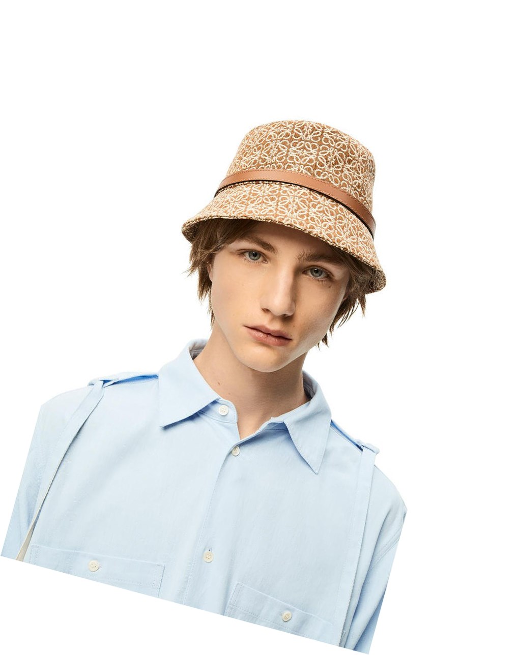 Loewe Anagram bucket hat in jacquard and calfskin Tan / Pecan | 1290FUQBY