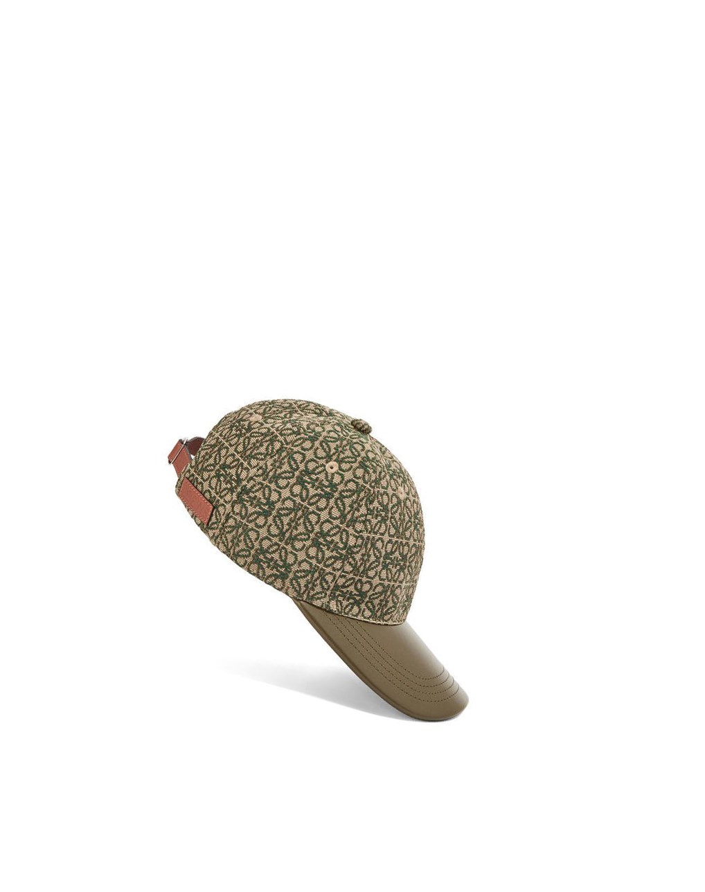 Loewe Anagram cap in jacquard and calfskin Kaki Vert | 4038JXZES