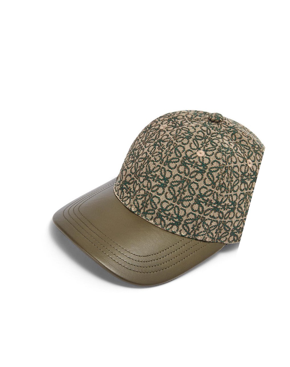 Loewe Anagram cap in jacquard and calfskin Kaki Vert | 4038JXZES