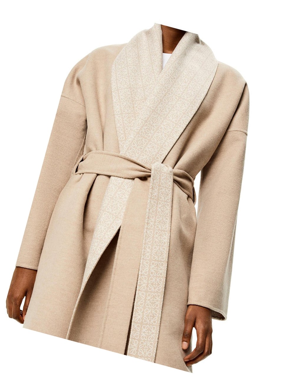 Loewe Anagram jacquard belted coat in wool Beige Blanche | 7685YWHVE