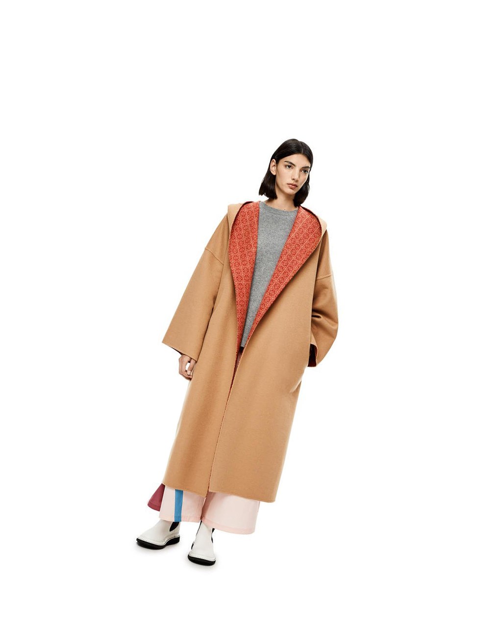 Loewe Anagram jacquard hooded coat in wool Warm Desert / Rust | 4275URYGE