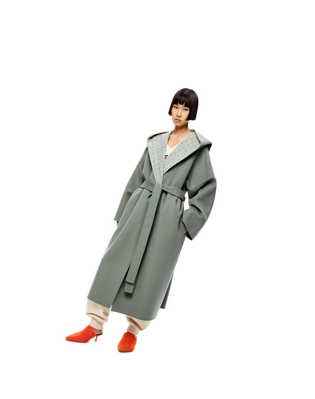 Loewe Anagram jacquard hooded coat in wool Kaki Vert Blanche | 9326WFAIX