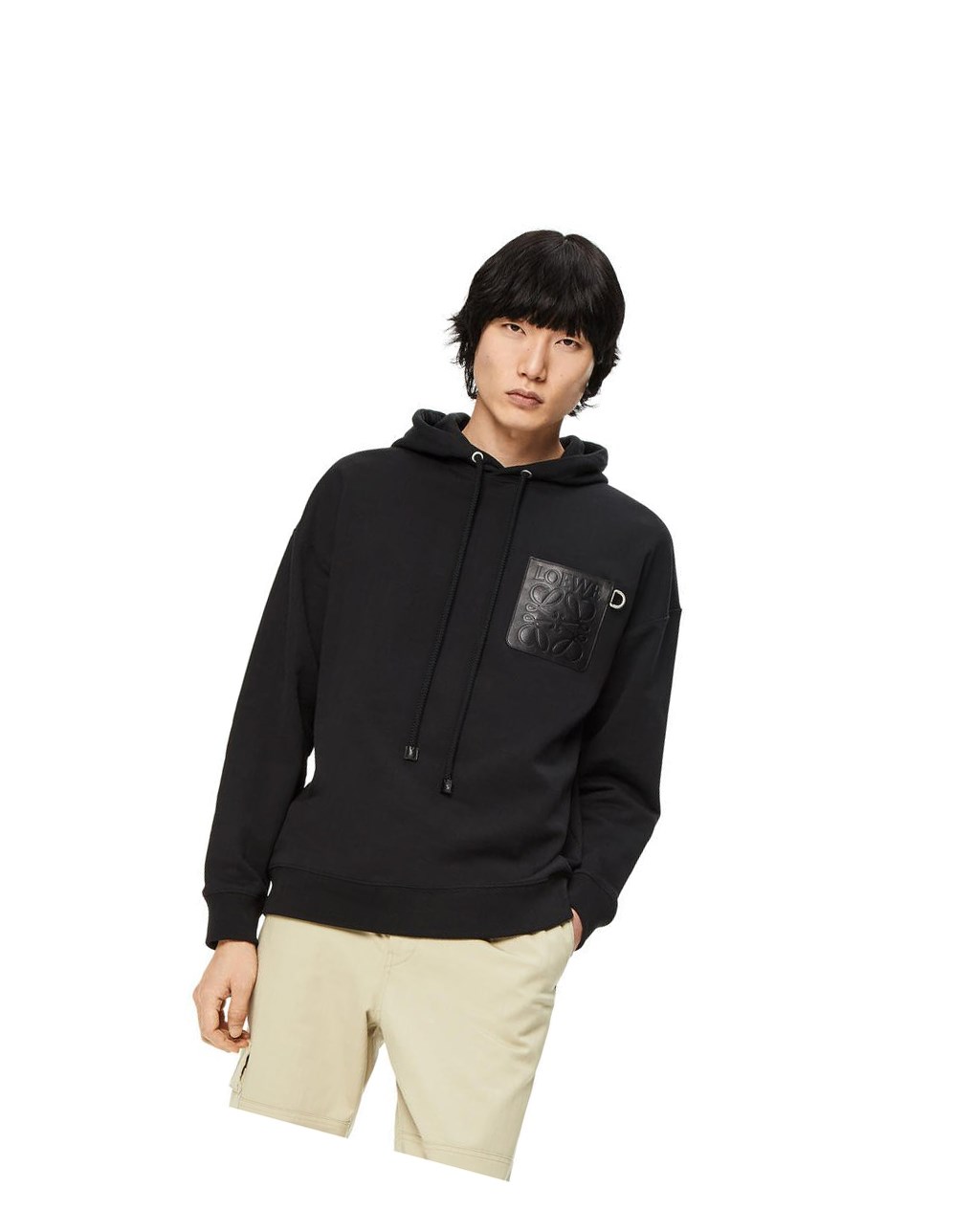 Loewe Anagram leather patch hoodie in cotton Noir | 2560YAFNR