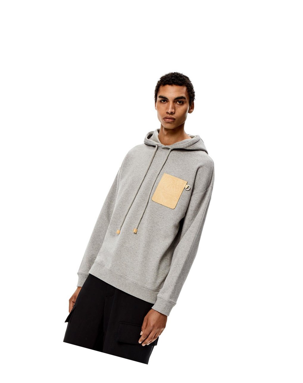 Loewe Anagram leather patch hoodie in cotton Grise | 8467NOQCF