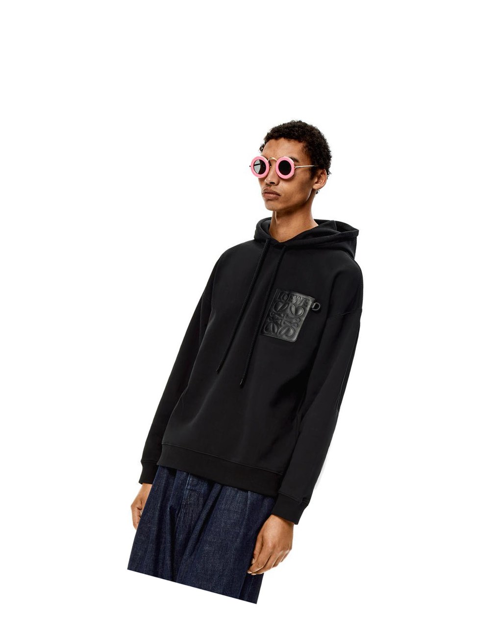 Loewe Anagram leather patch hoodie in cotton Noir | 8912WCUPA