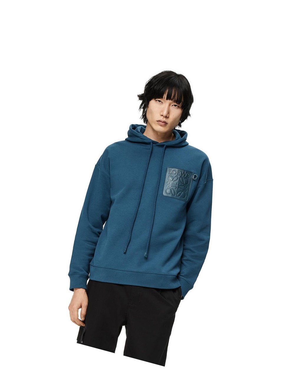 Loewe Anagram leather patch hoodie in cotton Petroleum | 9863HQFWC