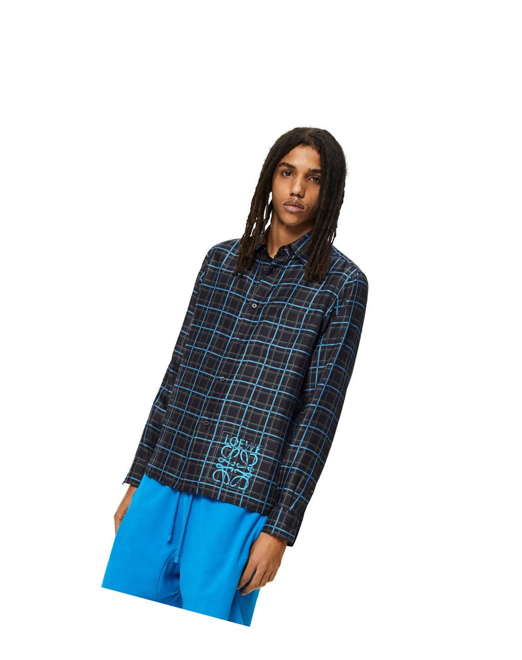 Loewe Anagram stamp check shirt in silk and cotton Grise Foncé Bleu | 0631YVFCT