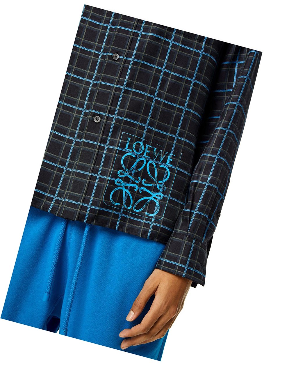 Loewe Anagram stamp check shirt in silk and cotton Grise Foncé Bleu | 0631YVFCT