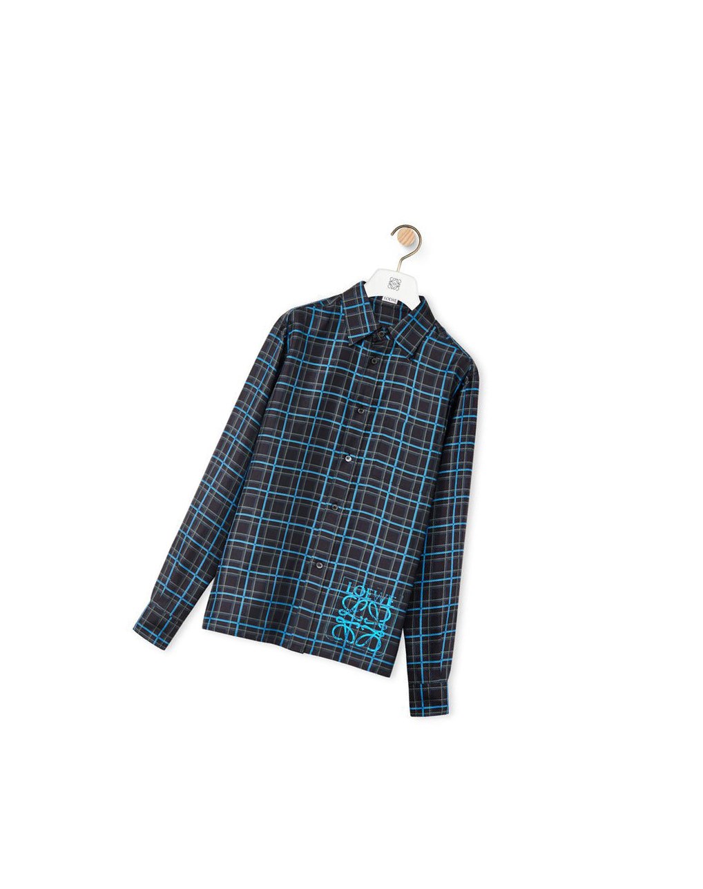 Loewe Anagram stamp check shirt in silk and cotton Grise Foncé Bleu | 0631YVFCT