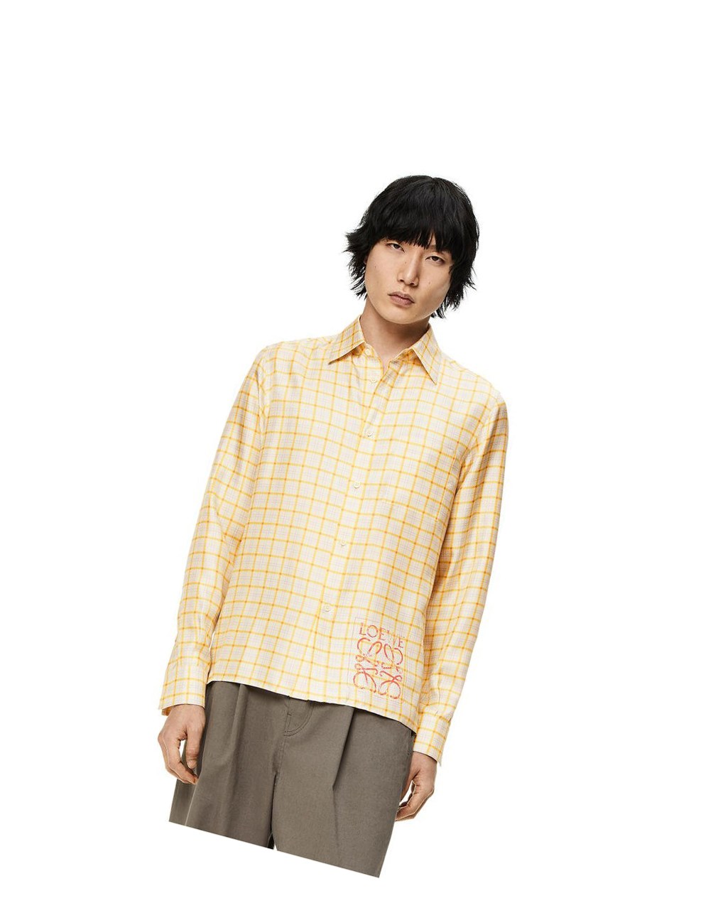 Loewe Anagram stamp check shirt in silk and cotton Jaune | 3269TLGJI