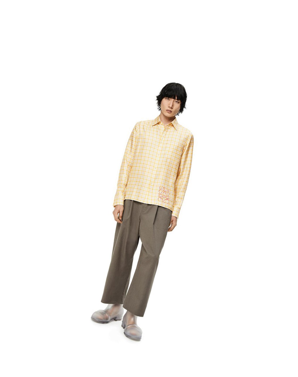 Loewe Anagram stamp check shirt in silk and cotton Jaune | 3269TLGJI