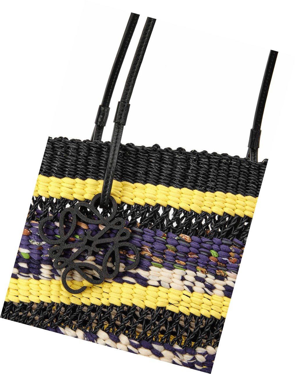 Loewe Basket Tote in elephant grass and calfskin Noir Jaune | 0728QNVWB