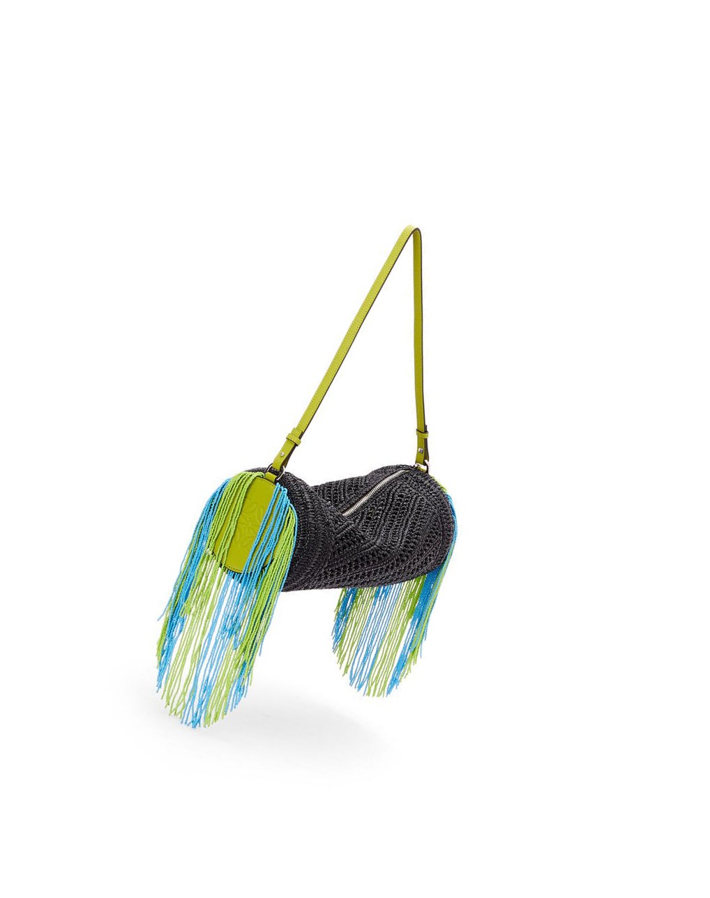 Loewe Bracelet pouch in raffia and classic calfskin Noir Vert | 9165GJSPD