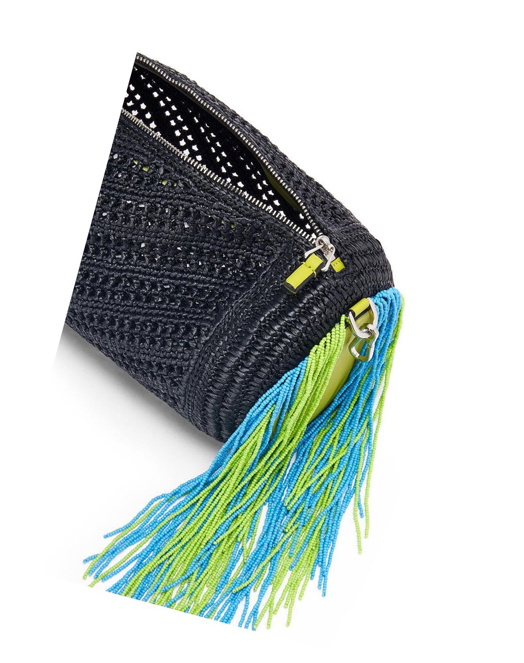 Loewe Bracelet pouch in raffia and classic calfskin Noir Vert | 9165GJSPD