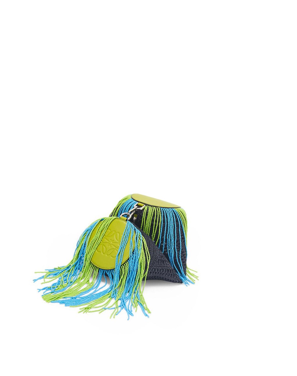 Loewe Bracelet pouch in raffia and classic calfskin Noir Vert | 9165GJSPD