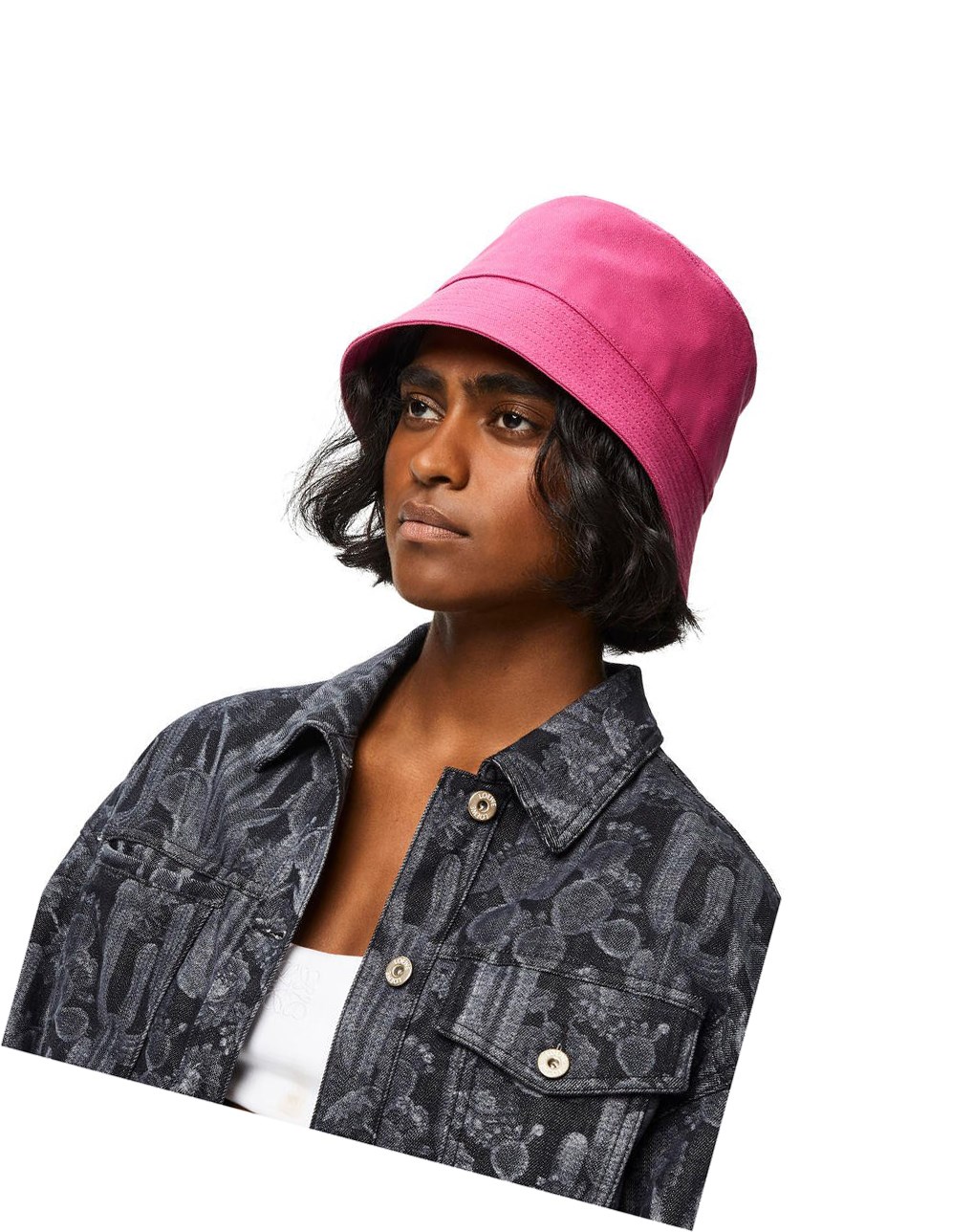 Loewe Bucket hat in canvas and calfskin Magenta / Tan | 9361KDGZF