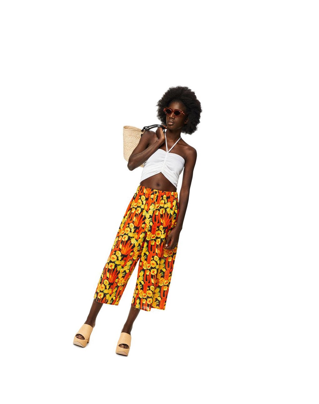 Loewe Cactus print cropped trousers in cotton Noir Orange Doré | 4630VQOML