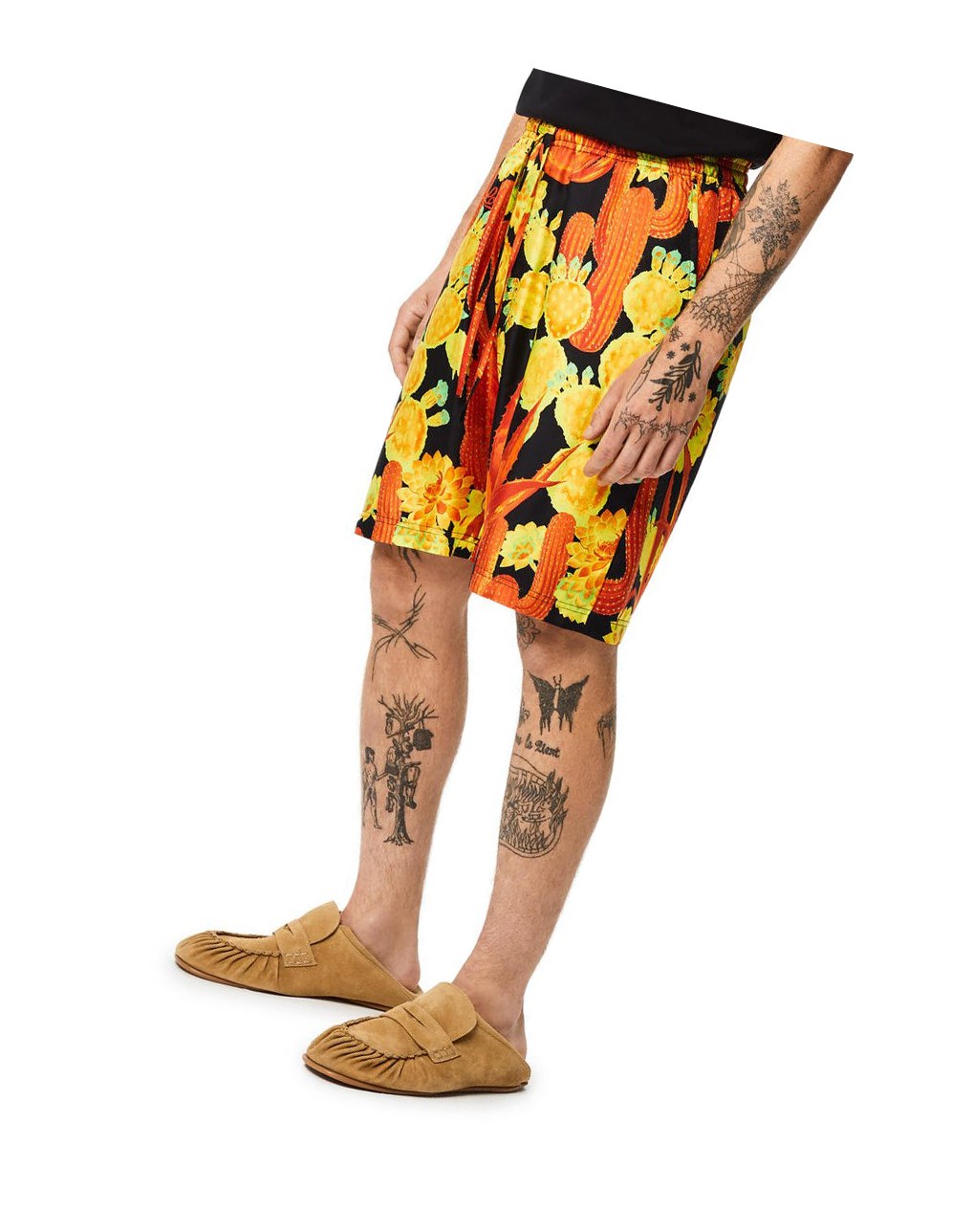 Loewe Cactus print drawstring shorts in silk Noir Jaune | 8307EJGFX