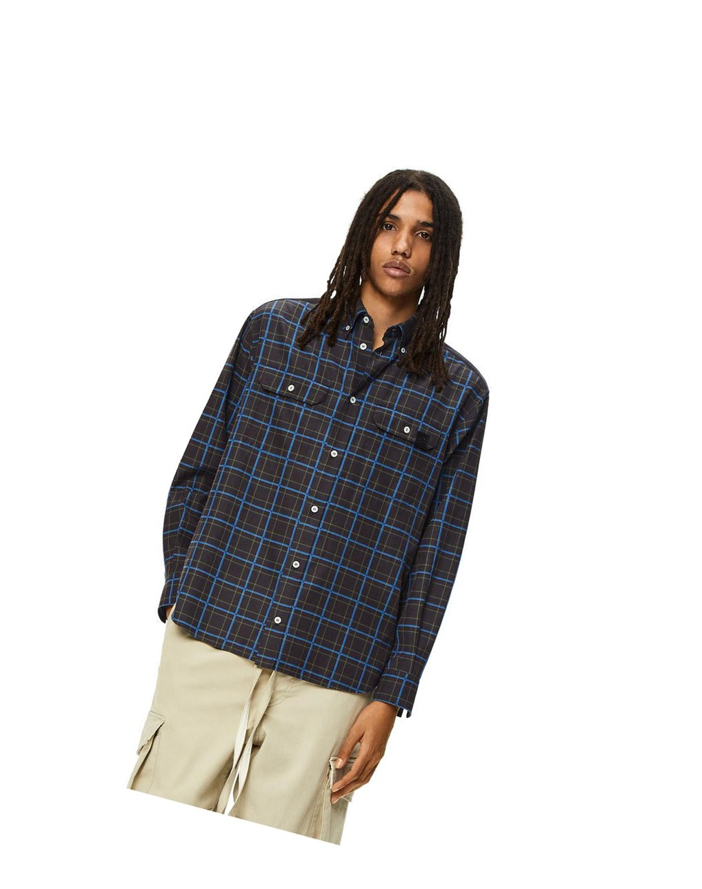 Loewe Chest pocket check shirt in silk and cotton Grise Foncé Bleu | 8160SQNKD