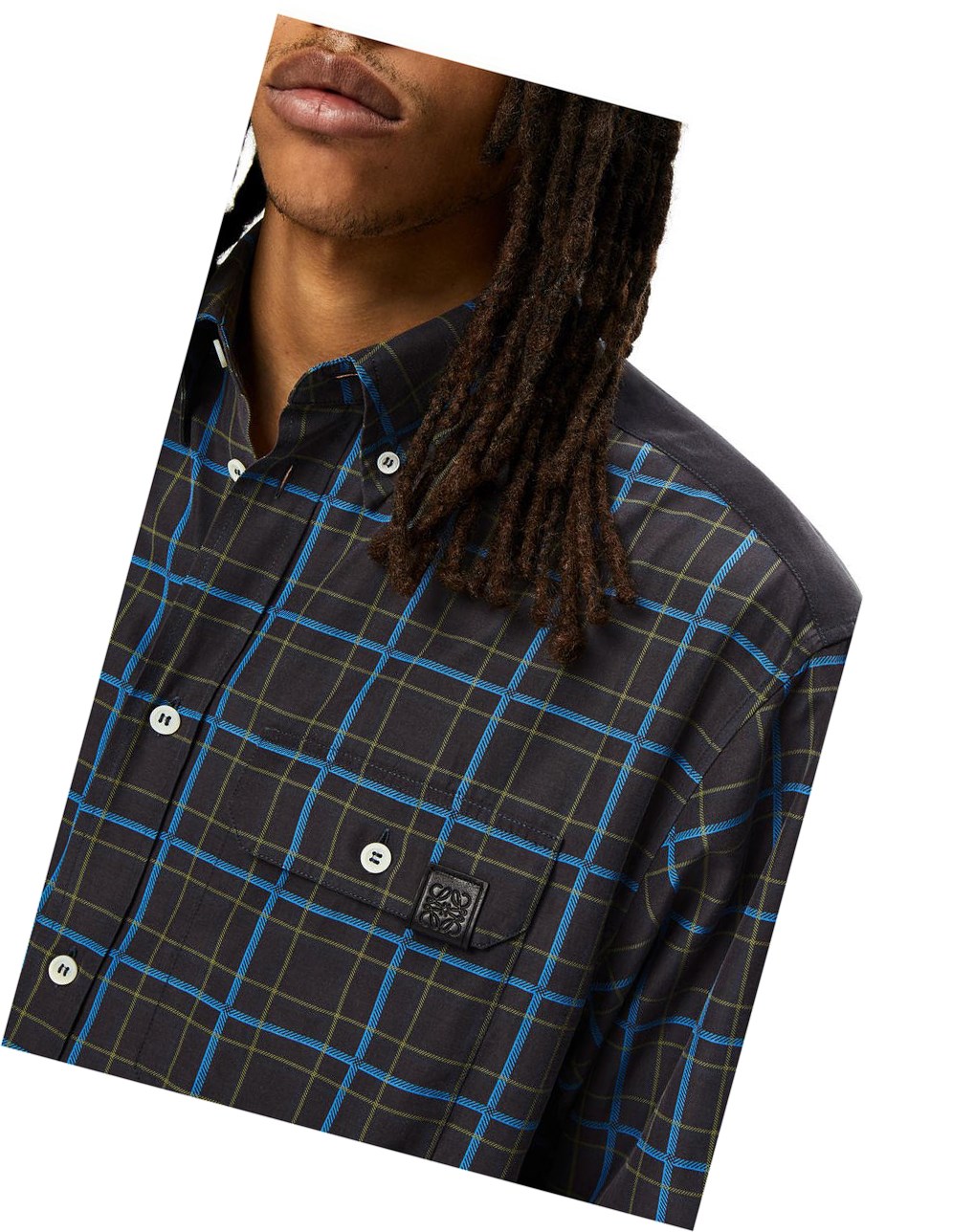 Loewe Chest pocket check shirt in silk and cotton Grise Foncé Bleu | 8160SQNKD