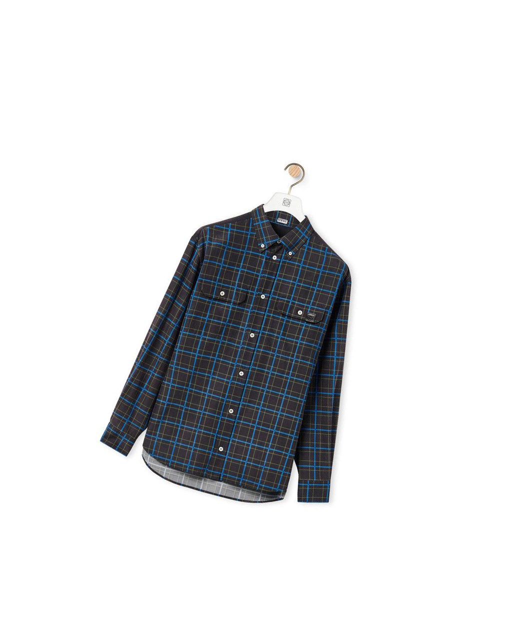 Loewe Chest pocket check shirt in silk and cotton Grise Foncé Bleu | 8160SQNKD