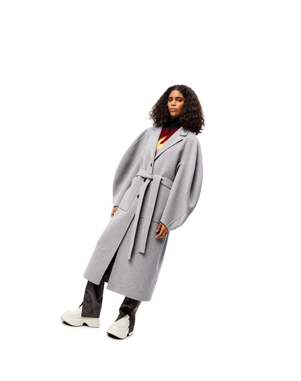 Loewe Circular sleeve belted coat in wool and cashmere Grise | 0587VOYUH