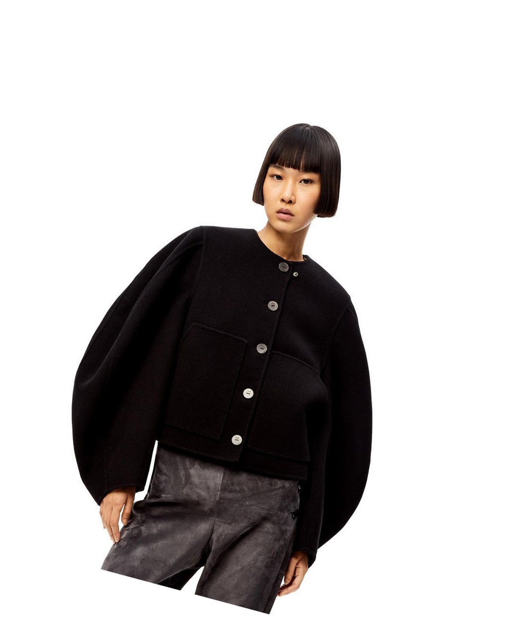 Loewe Circular sleeve button jacket in wool and cashmere Noir | 9067KQAMG