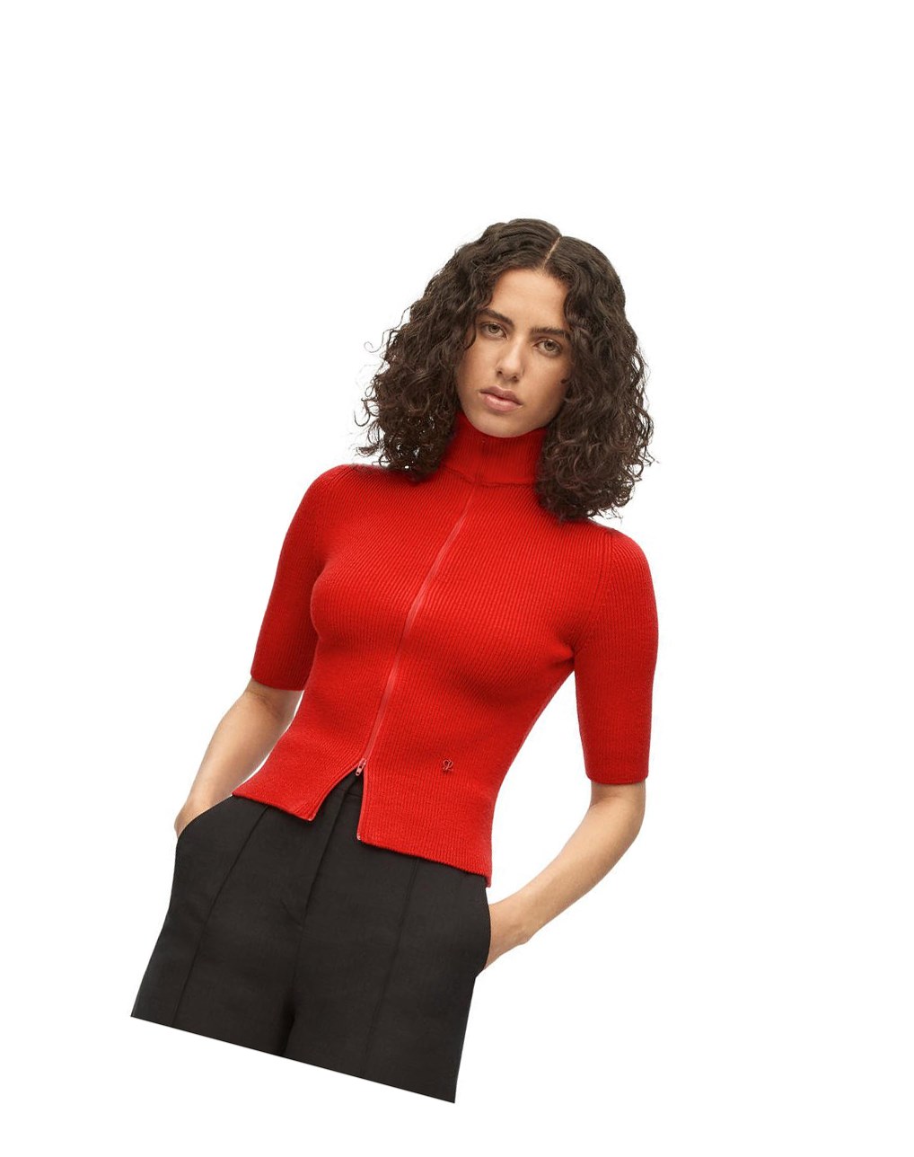 Loewe Cropped zip up sweater in wool Vermillion | 1802PNQXM