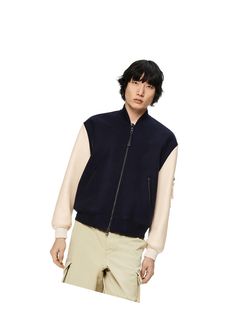 Loewe Cuir sleeve bomber in wool Bleu Marine Blanche | 4957ZVJAX