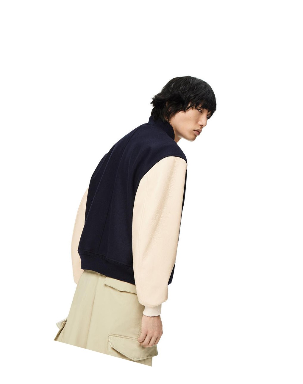 Loewe Cuir sleeve bomber in wool Bleu Marine Blanche | 4957ZVJAX