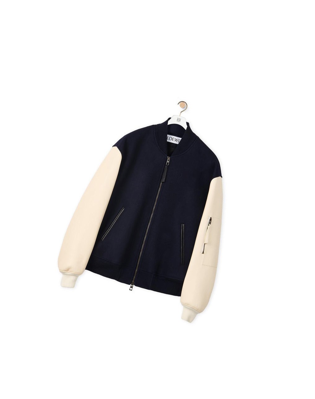 Loewe Cuir sleeve bomber in wool Bleu Marine Blanche | 4957ZVJAX