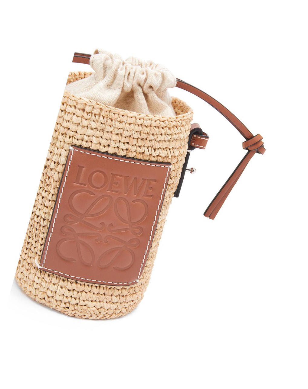 Loewe Cylinder Pocket in raffia and calfskin Natural / Tan | 1673ZLNRH