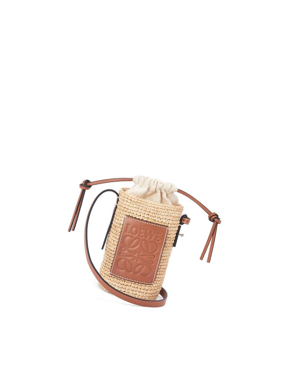 Loewe Cylinder Pocket in raffia and calfskin Natural / Tan | 1673ZLNRH