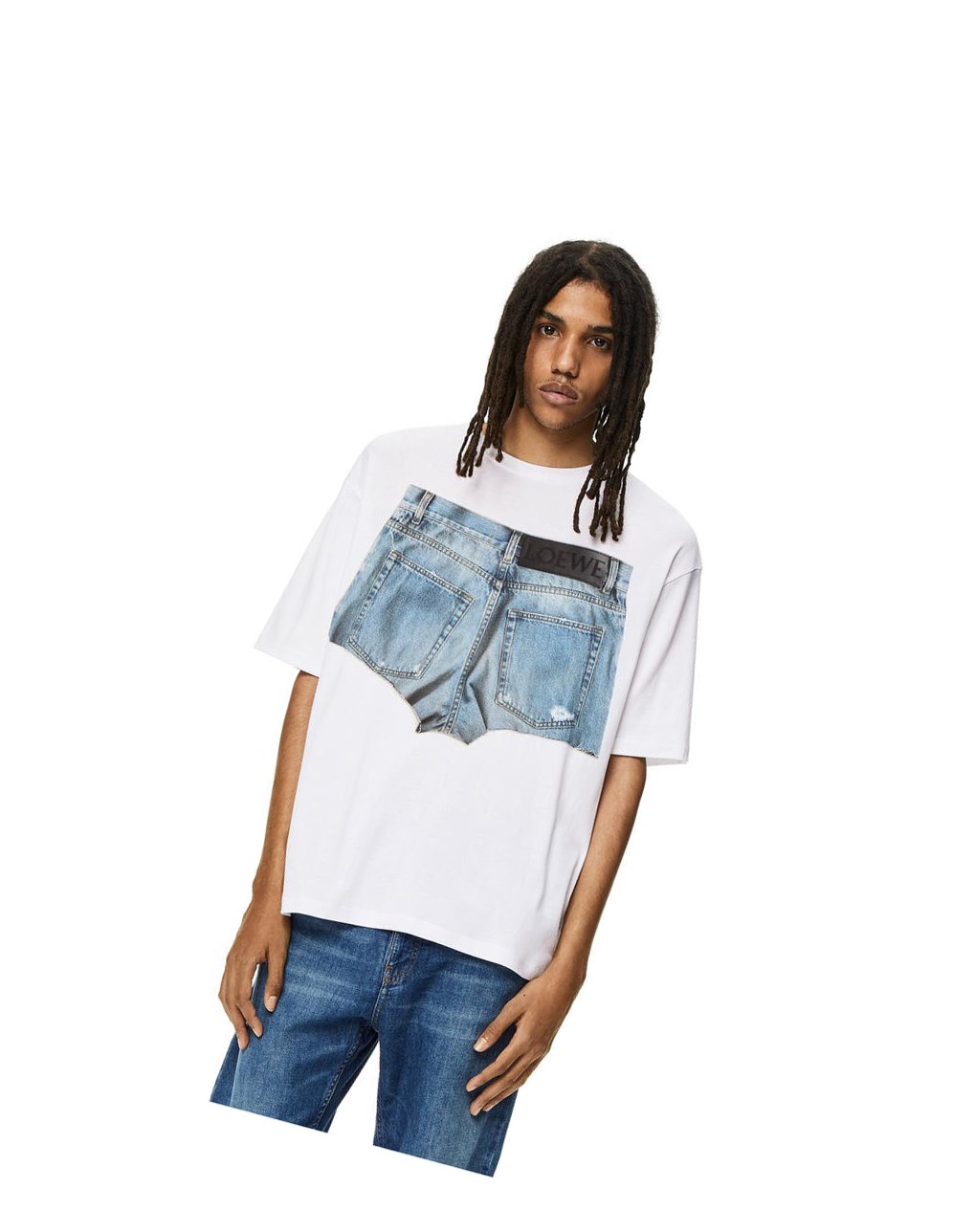 Loewe Denim shorts print T-shirt in cotton Blanche | 7124FODNJ