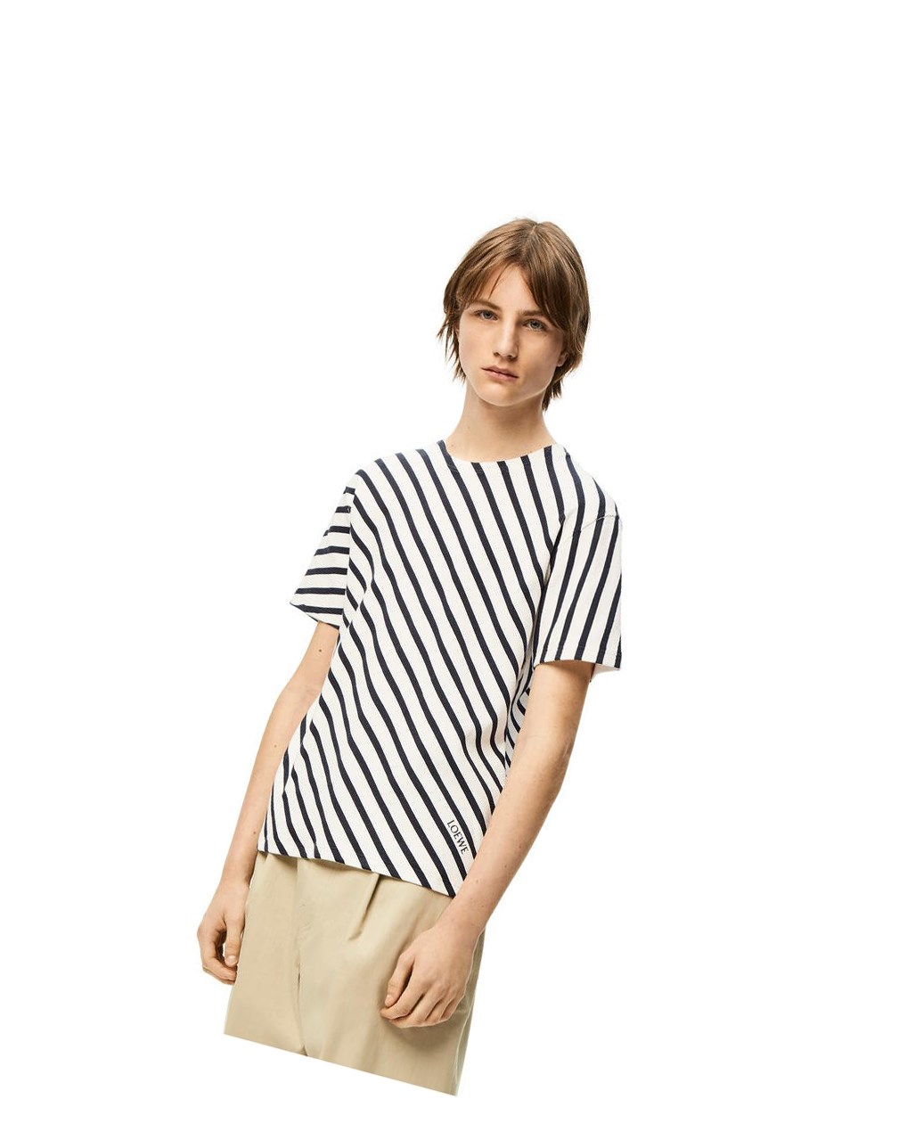 Loewe Diagonal stripe T-shirt in cotton Blanche Bleu Marine | 0954YAKEN