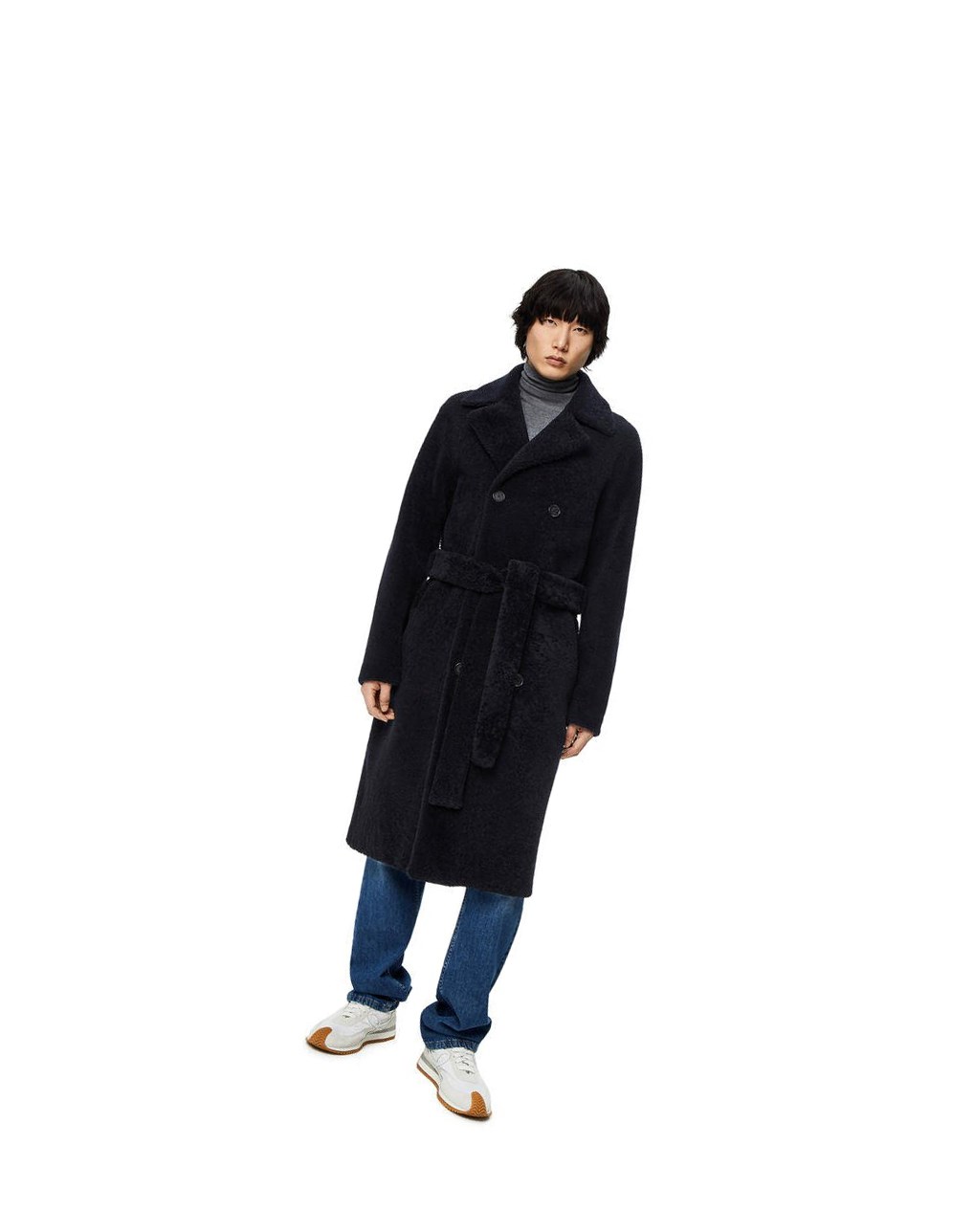 Loewe Double breasted coat in shearling Bleu Marine Noir Bleu | 5074GROVY