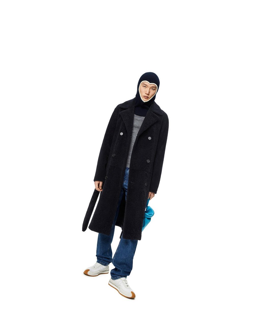 Loewe Double breasted coat in shearling Bleu Marine Noir Bleu | 5074GROVY