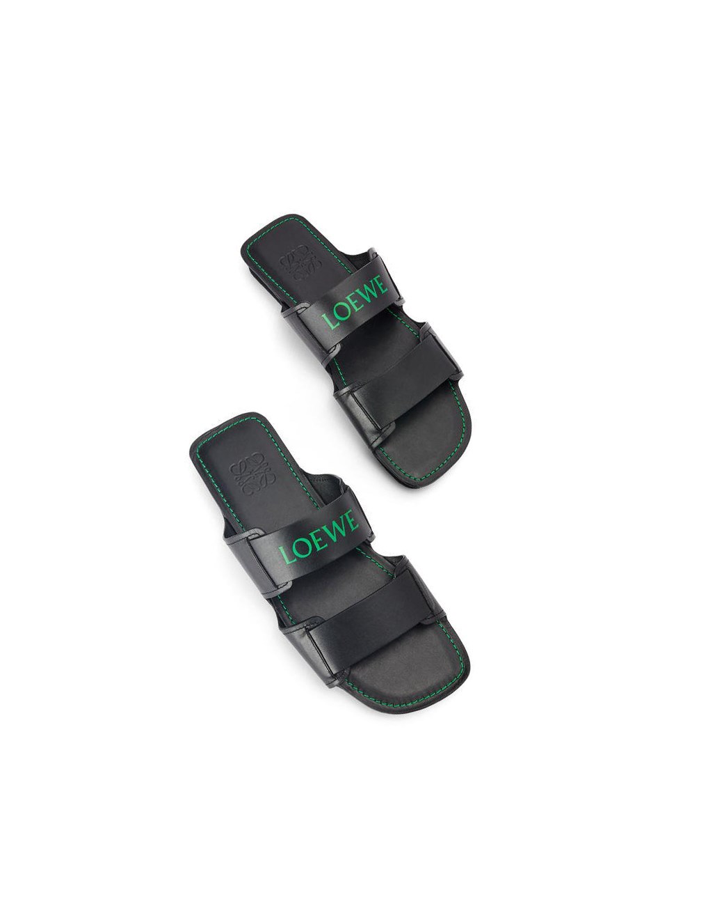 Loewe Double strap slide in calfskin Noir Vert | 5297SZNAD