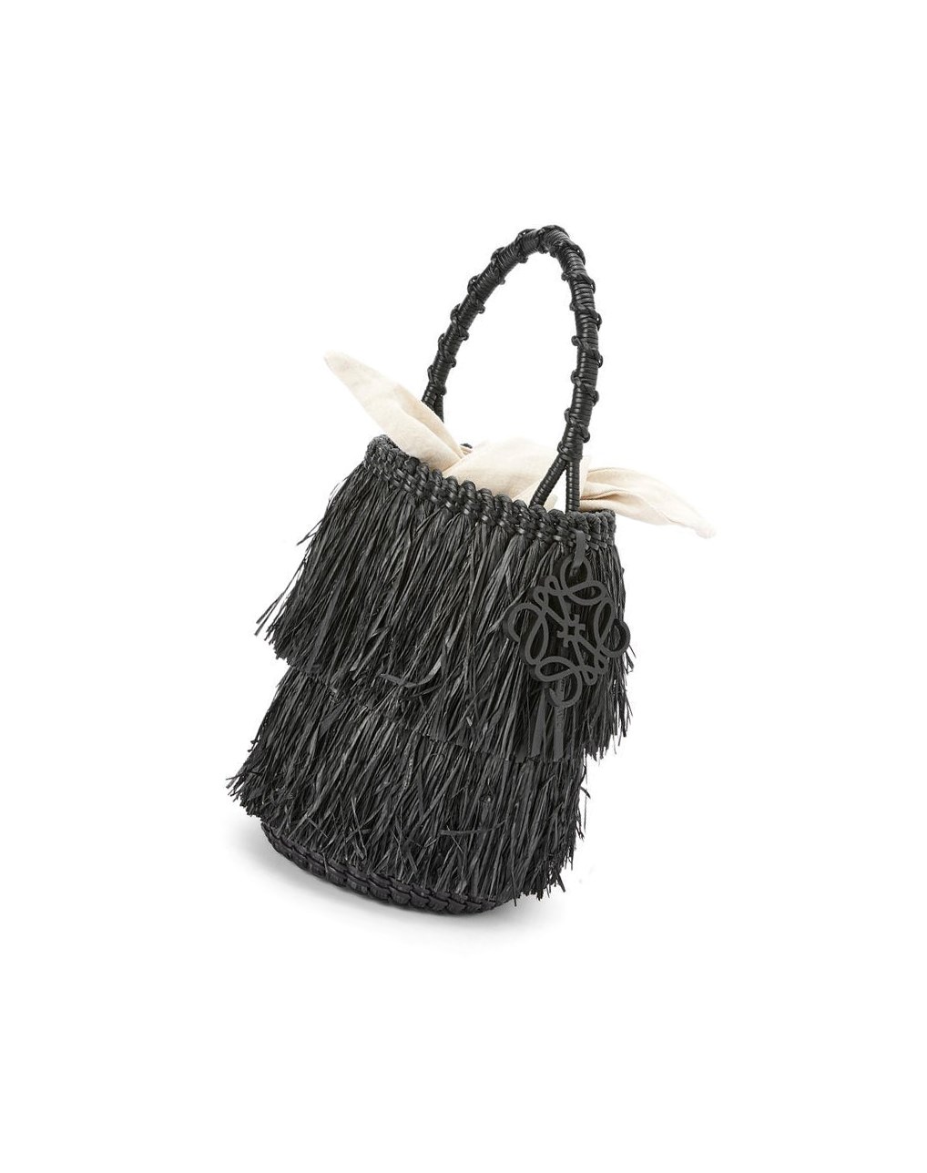 Loewe Frayed Bucket bag in raffia and calfskin Noir | 1049HIQDC