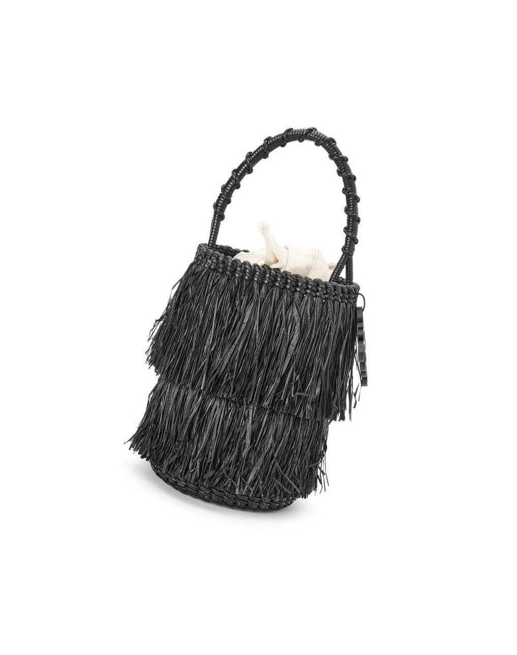 Loewe Frayed Bucket bag in raffia and calfskin Noir | 1049HIQDC