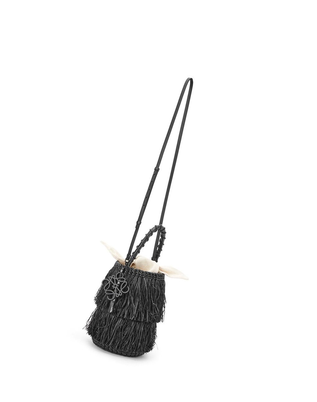 Loewe Frayed Bucket bag in raffia and calfskin Noir | 1049HIQDC