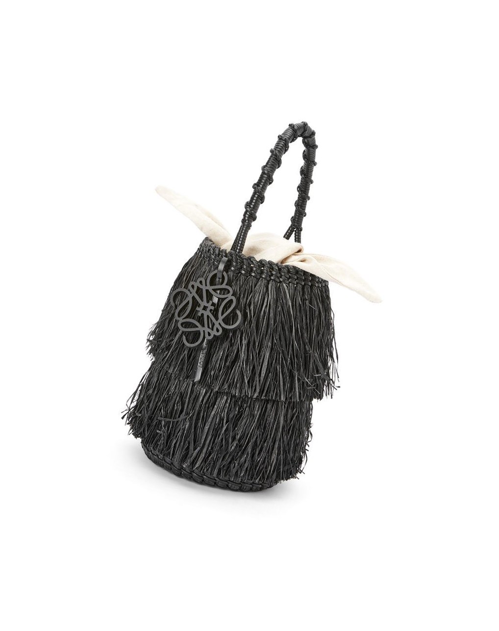 Loewe Frayed Bucket bag in raffia and calfskin Noir | 1049HIQDC