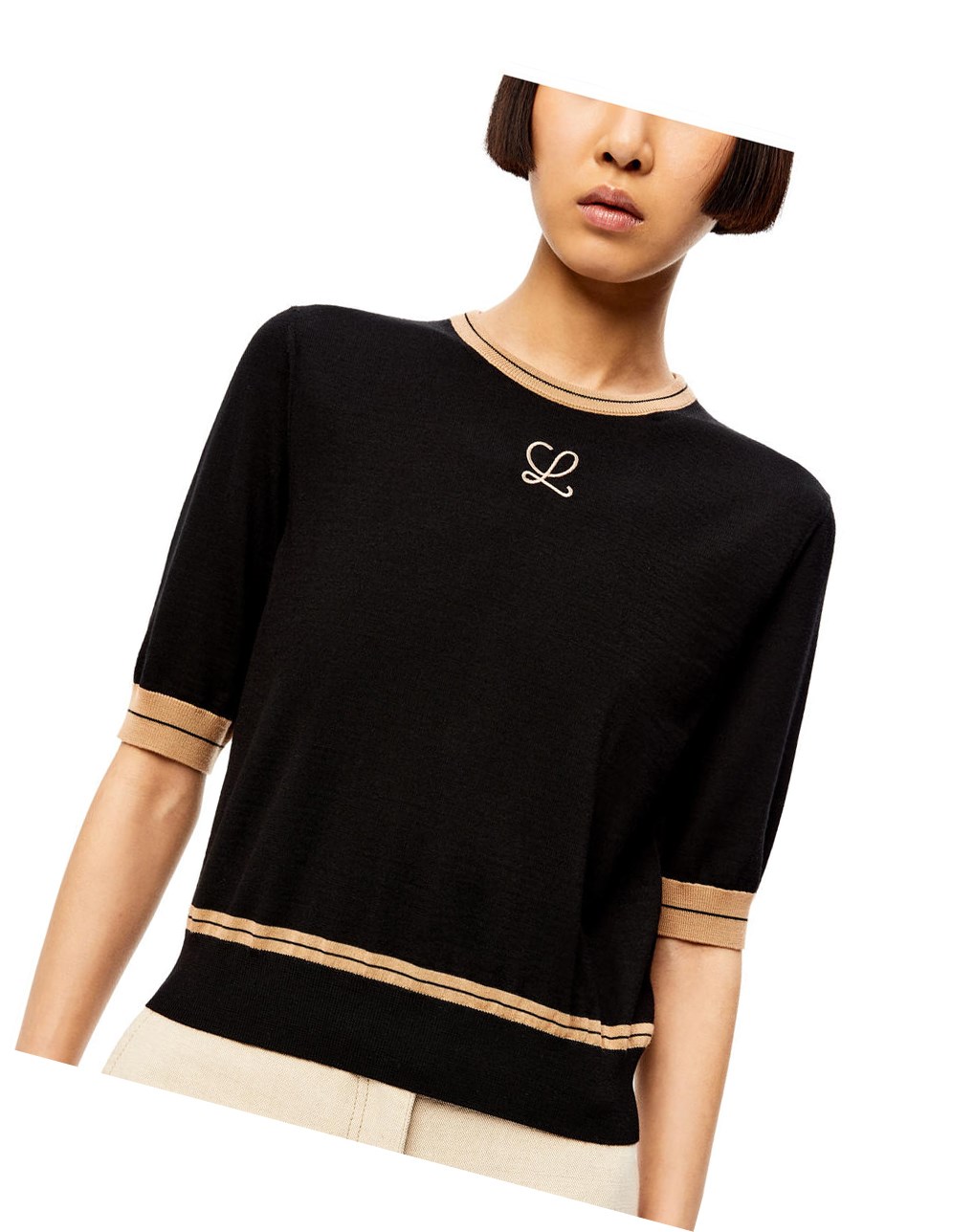 Loewe LOEWE cropped sweater in wool Noir Beige | 9136FGZHJ