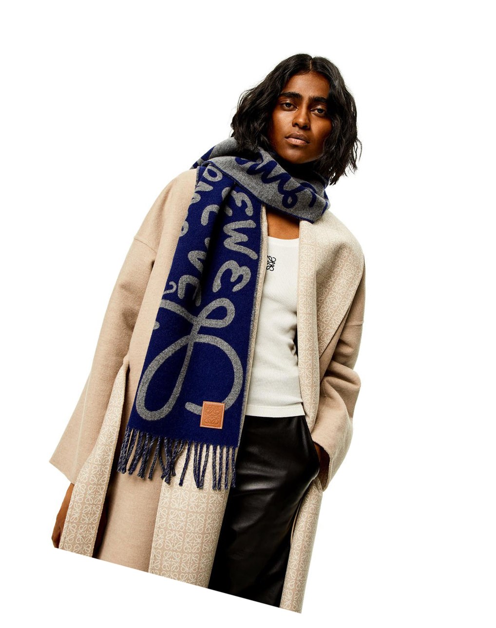 Loewe LOEWE scarf in wool and cashmere Bleu Marine Grise | 1356TGSFB